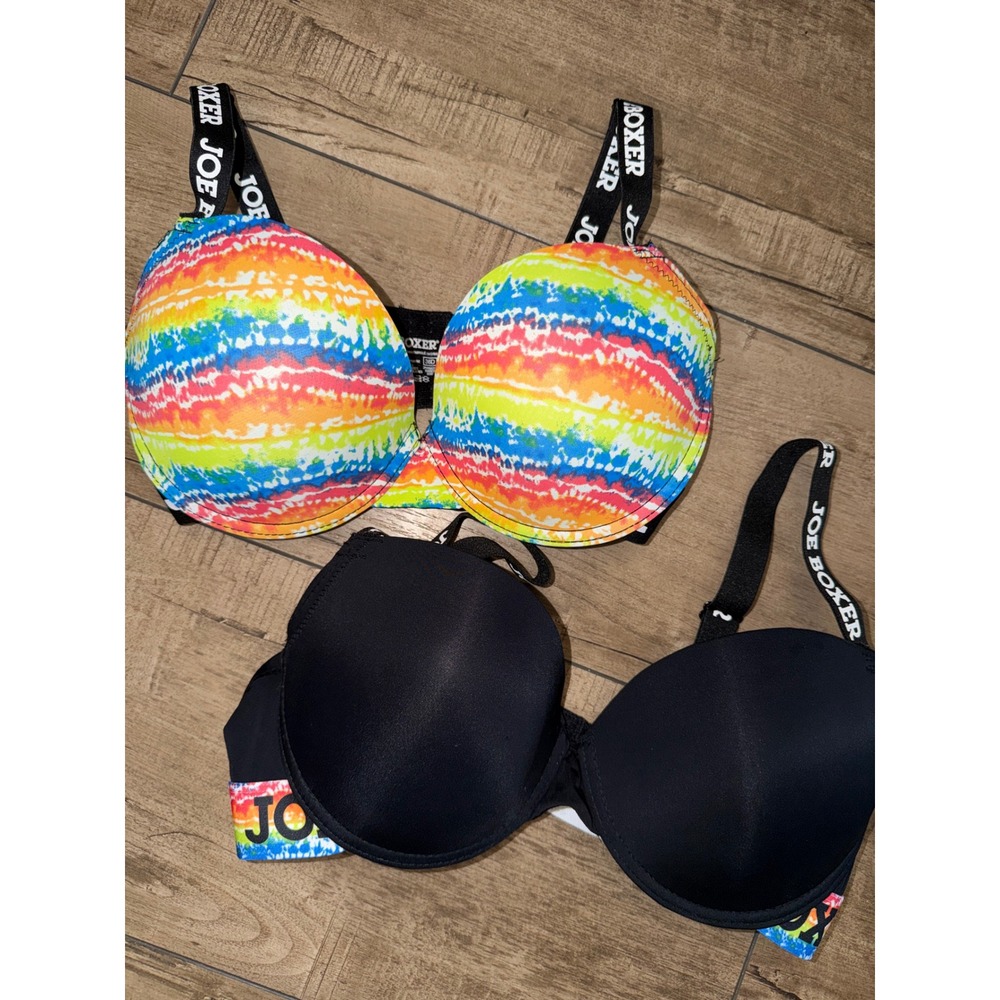 Joe Boxer Womens 2 Pack Push Up Bras Rainbow Tie Dye Black Logo Straps 36D